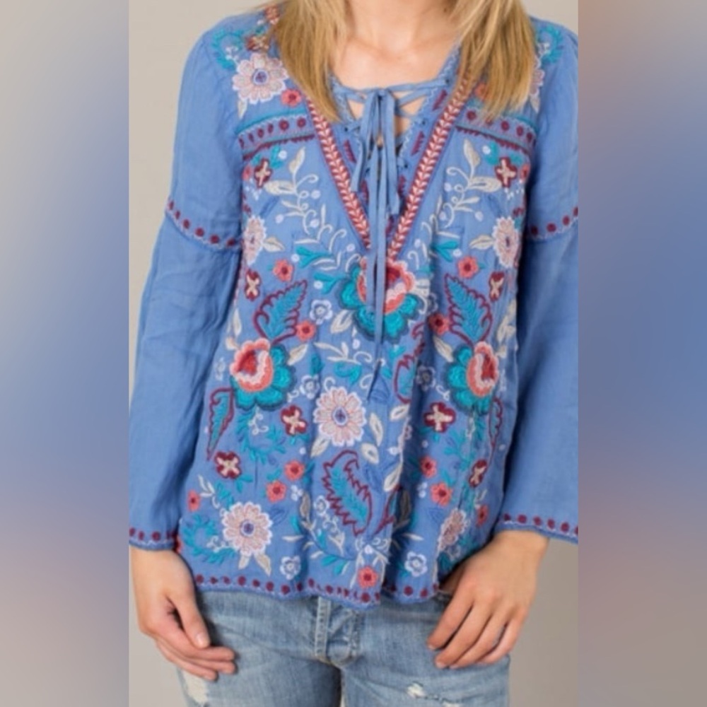 Johnny Was Oman Laceup Swing Blouse Embroidered Blue v neck small Top - Picture 2 of 13